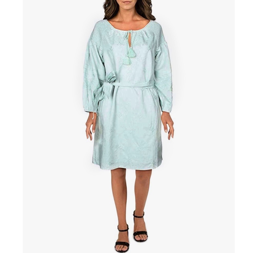 INC Linen Embroidered Tassel Tie Neck Long Sleeve Shift Dress Boho Belted Small